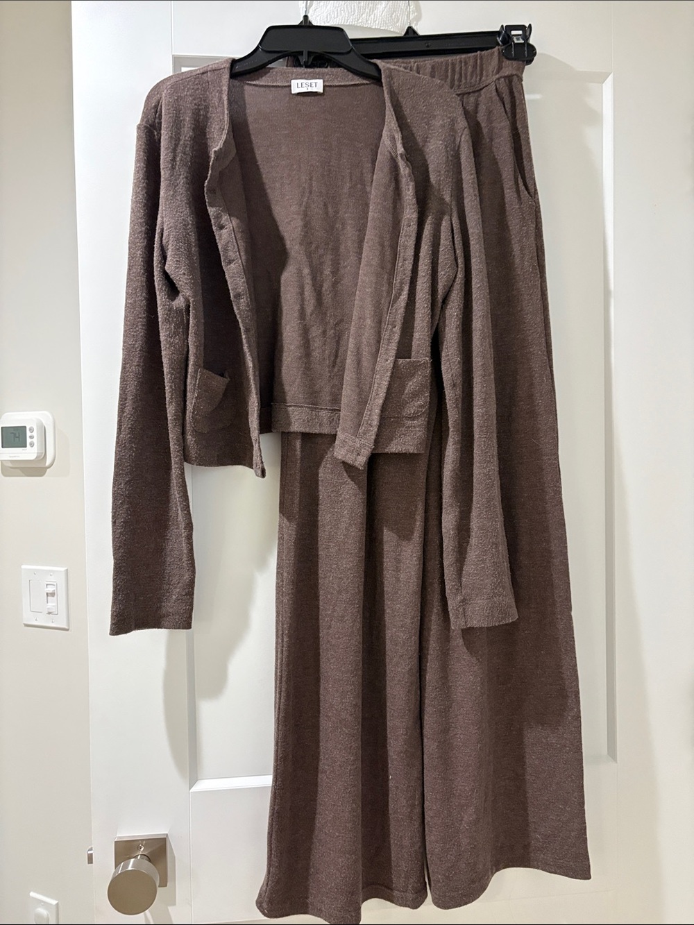LESET “Lauren” cardigan and pants set in brown